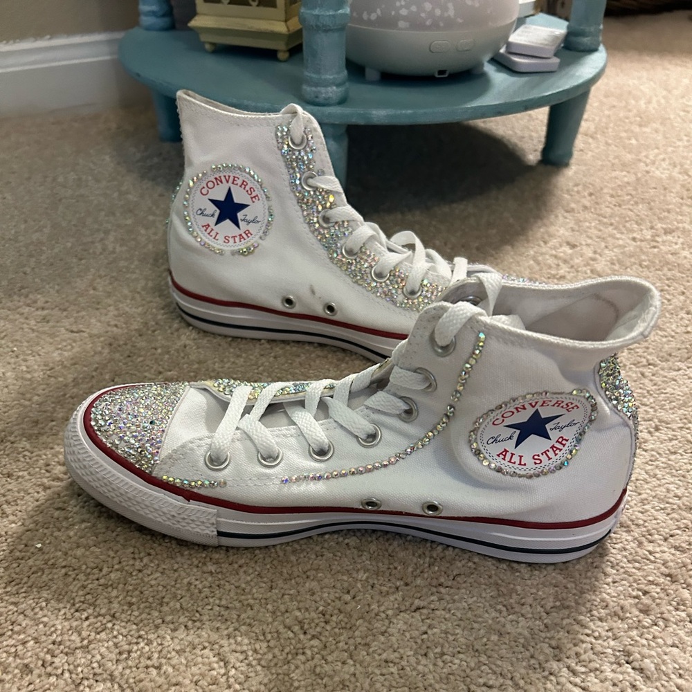 Converse White High-Tops Silver rhinestone embellishments Women’s 7.5 Men’s 5.5